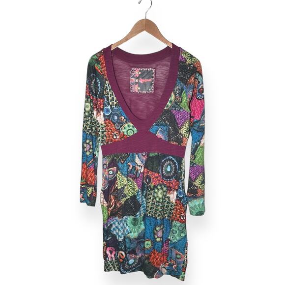 DESIGUAL Cocktail Dress Made in Spain Long Sleeve Tribal Festival Red V-Neck - Picture 7 of 11